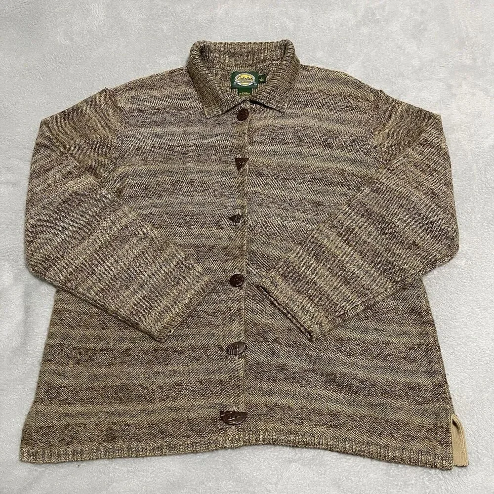VTG Cabelas Sweater Womens Large Brown Sand Cardigan Tiger Stripe Wooden Buttons